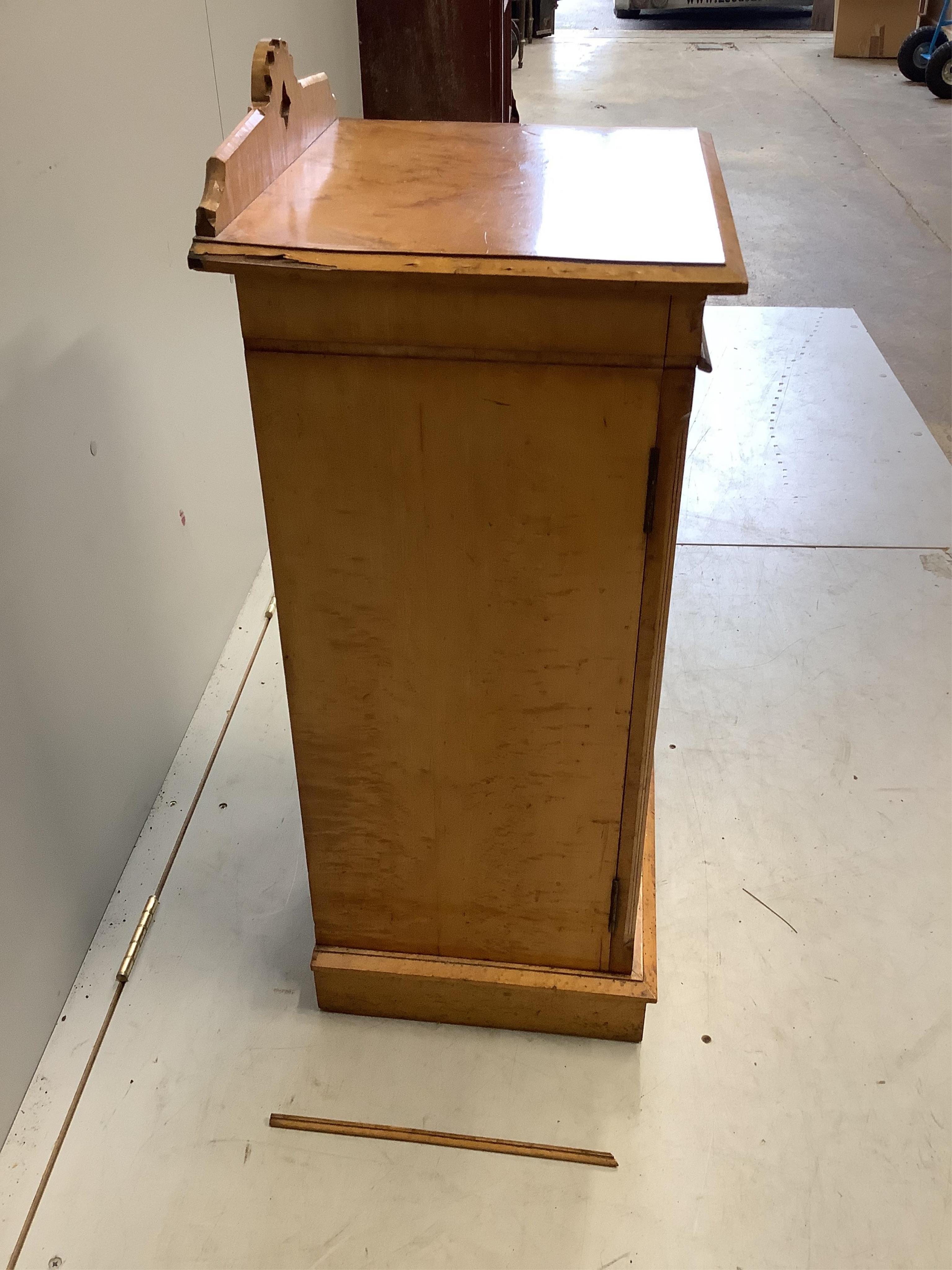 A late Victorian Gothic revival ebony inlaid, bird's eye maple bedroom suite, manner of Charles Bevan, comprising 5ft bed frame, kneehole dressing table, chest of drawers, marble top washstand, bedside cabinet, commode a